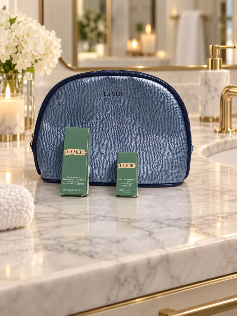 La Mer Metallic Navy Blue Dome Cosmetic Pouch
